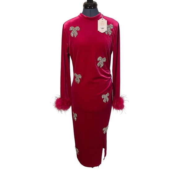 NWT Ivy City Co Pink Velvet Rhinestone Bows Feather Cuff Midi Dress Glam Twee M - Picture 2 of 15